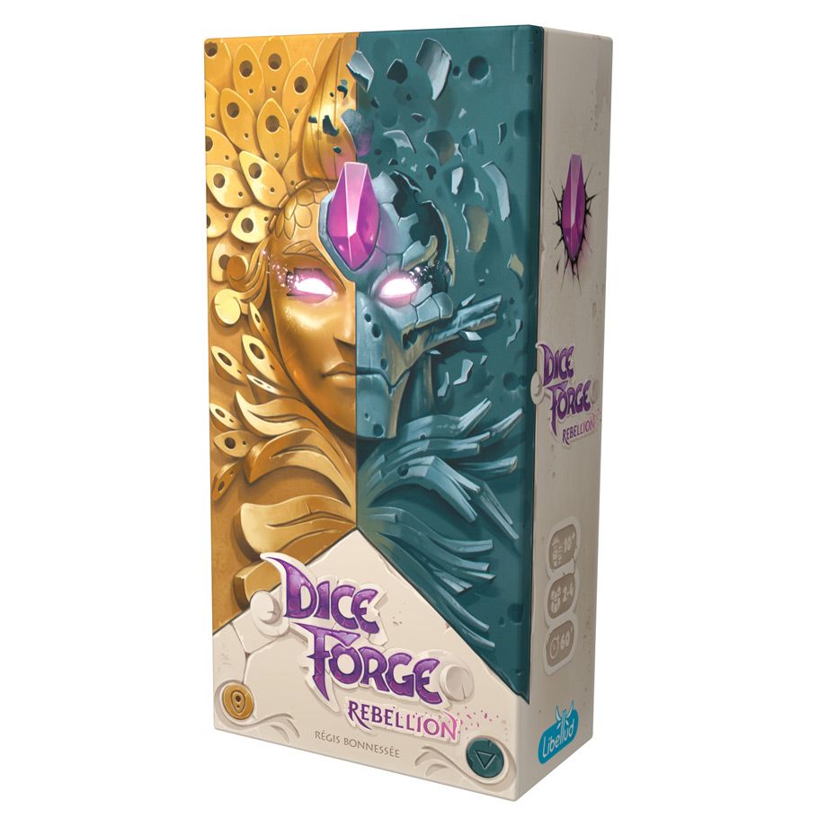 Dice Forge: Rebellion Expansion - Rebellion Expansion with half gold, half teal mask design and purple logo on front.