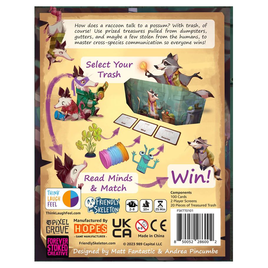 Trash Talk - Trash Talk party game box featuring raccoon characters, colorful cards, and playful graphics on a beige background.