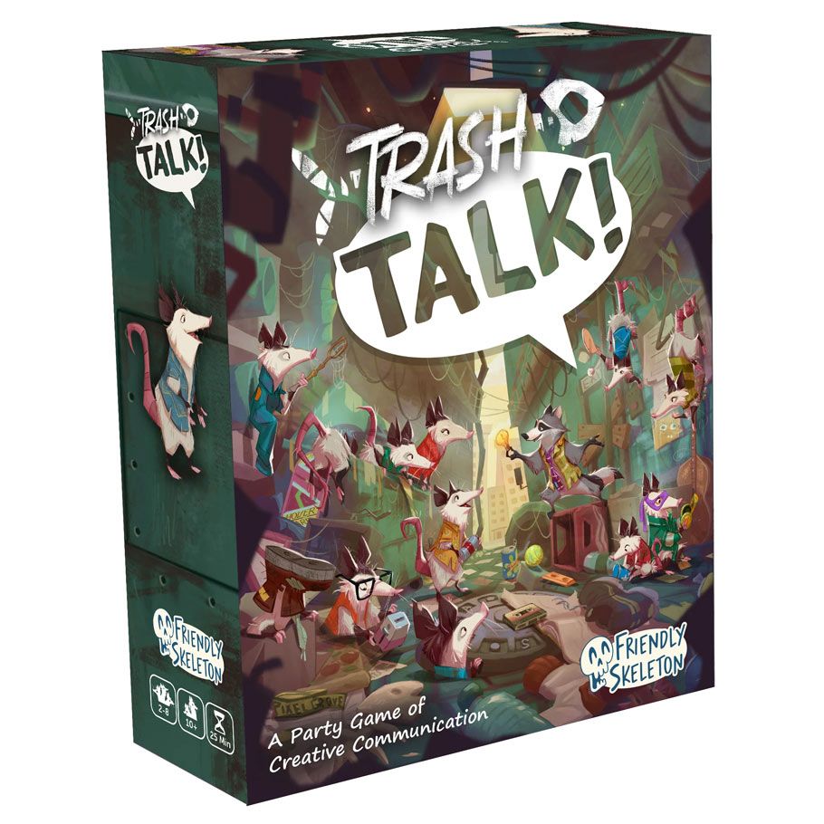 Trash Talk - Colorful party game box titled "Trash Talk!" with animated trash animals and comic-style speech bubble.