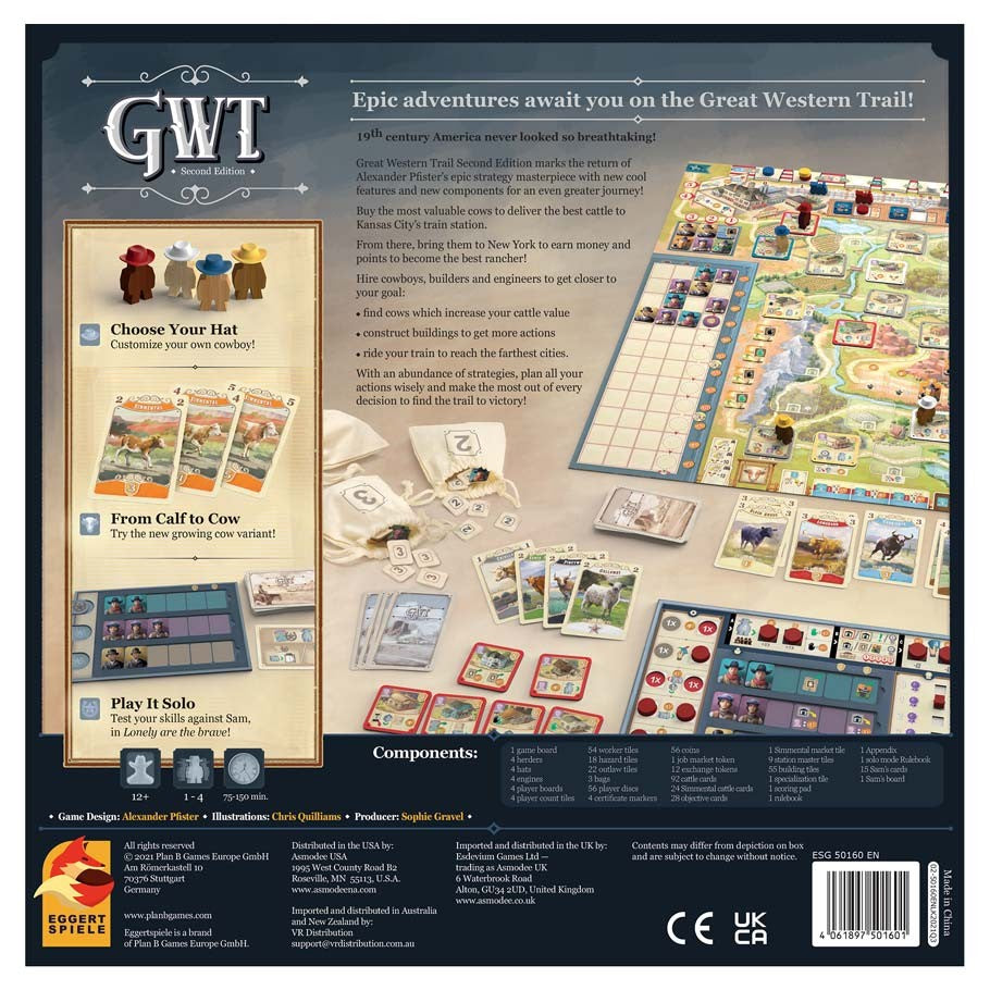 Great Western Trail 2nd Edition - Board game box and components for Great Western Trail 2nd Edition with colorful map board, cards, tokens, and player boards.