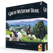 Great Western Trail: New Zealand - Board game box with pastoral New Zealand landscape featuring a shepherd on horseback and sheep grazing.
