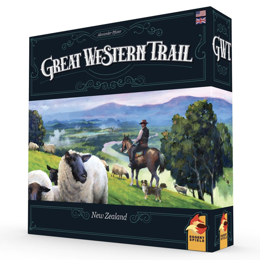 Great Western Trail: New Zealand - Board game box with pastoral New Zealand landscape featuring a shepherd on horseback and sheep grazing.
