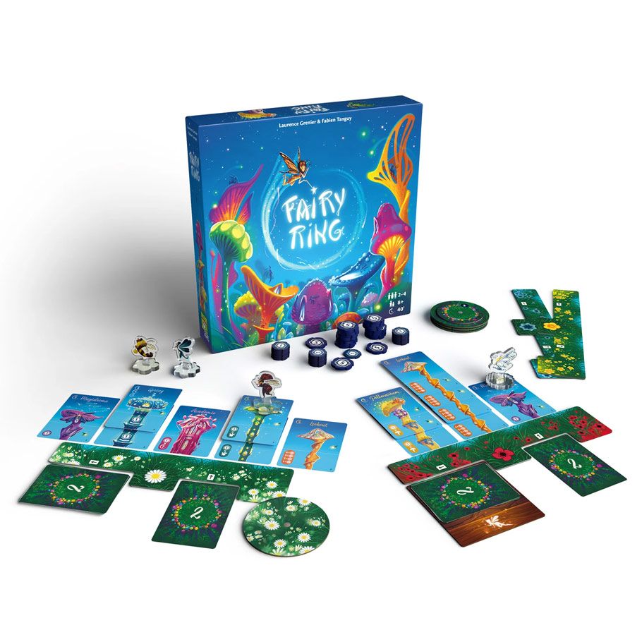 Fairy Ring - Fairy Ring board game with colorful mushroom and forest-themed cards, tokens, and a blue box featuring whimsical fantasy art.