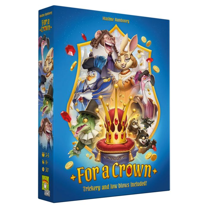 For A Crown - Colorful board game box titled For a Crown featuring anthropomorphic animals in royal attire with a golden crown and coins.