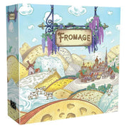 Fromage - Colorful illustrated board game box featuring various cheese wedges, a flowing river, and a whimsical village under a bright