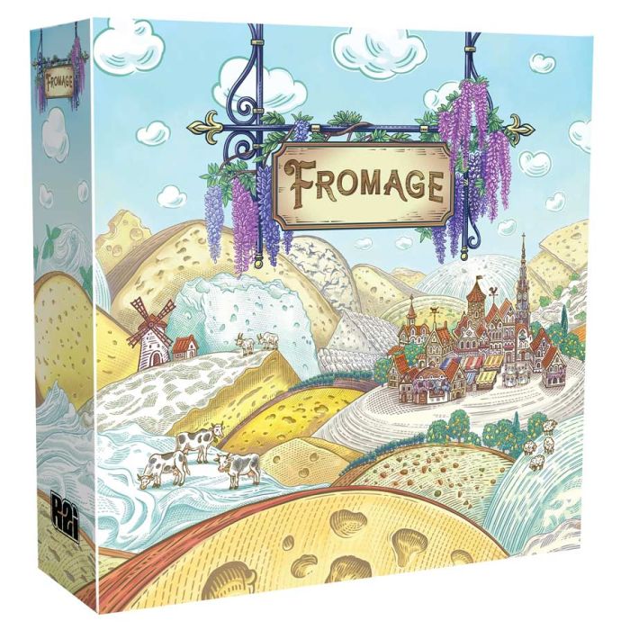 Fromage - Colorful illustrated board game box featuring various cheese wedges, a flowing river, and a whimsical village under a bright