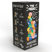 The Fuzzies - Black rectangular game box with colorful stacked fuzzy ball characters, playful fonts, and illustrated hands; instructions.