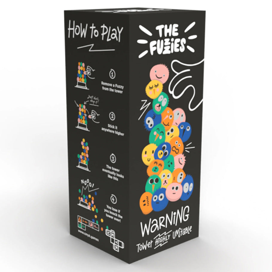 The Fuzzies - Black rectangular game box with colorful stacked fuzzy ball characters, playful fonts, and illustrated hands; instructions.
