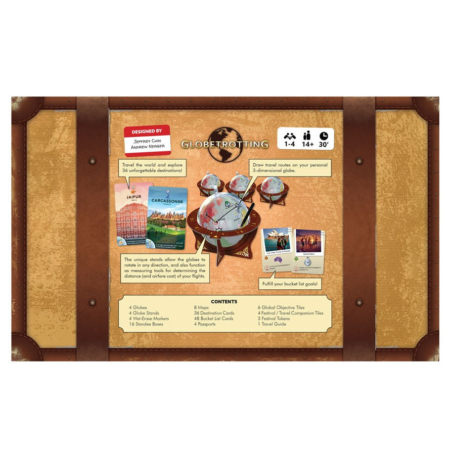 Globetrotting - Rectangular board game box with vintage suitcase design, brown corners, and travel-themed graphics.