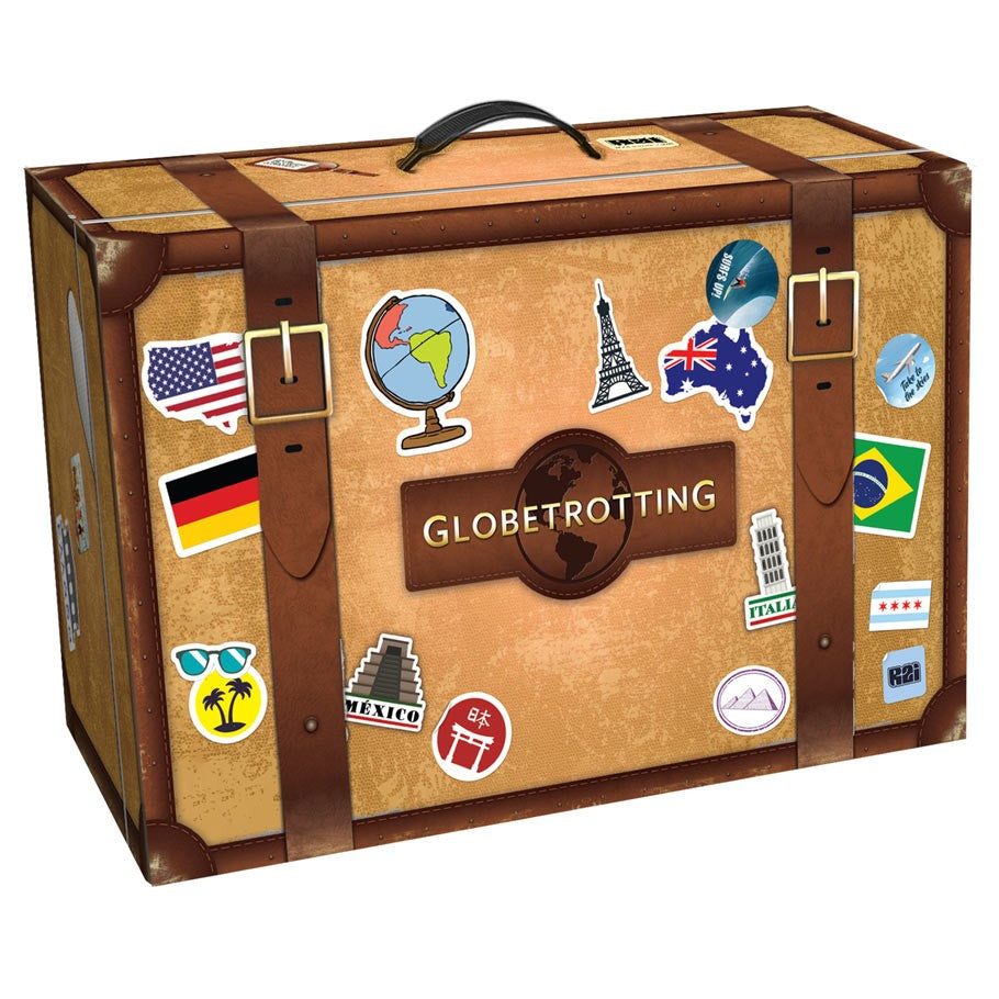 Globetrotting - Vintage-style brown suitcase with leather straps, travel stickers, and a "Globetrotting" label on front.