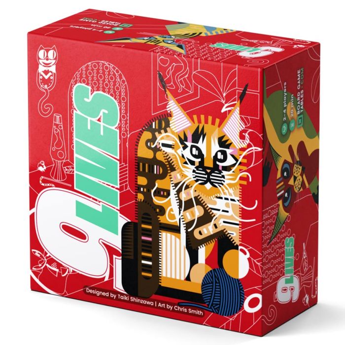 9 Lives - Red rectangular box with colorful abstract cat illustrations and bold white "9 Lives" text for card game packaging.