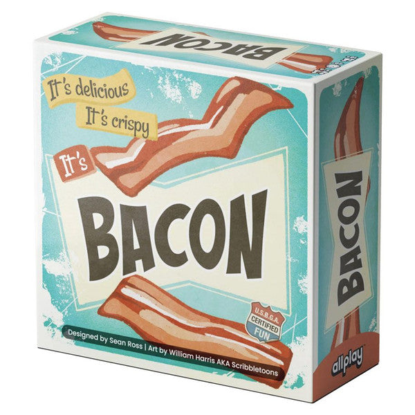 Bacon - Rectangular game box with retro design featuring illustrated crispy bacon strips and bold text reading "Bacon" on a.