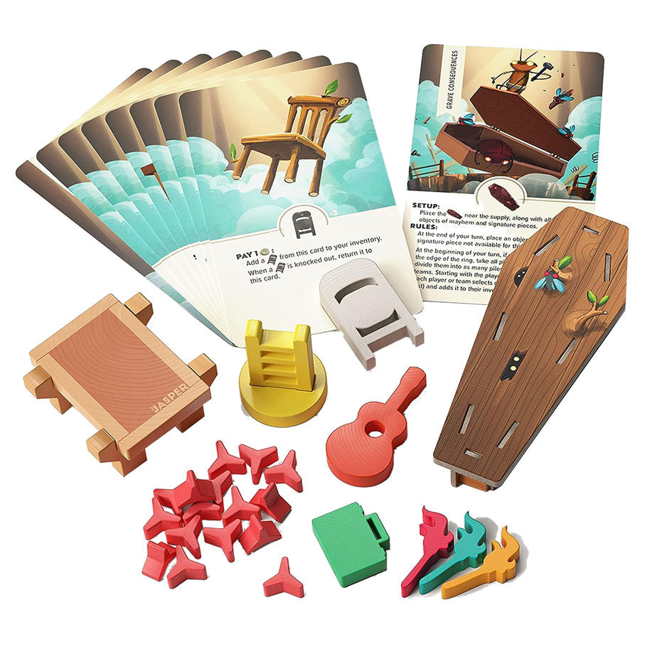 Kabuto Sumo: Total Mayhem Expansion - Board game expansion pieces including colorful wooden chairs, a coffin-shaped brown wooden tray, small red arrows, a pink.