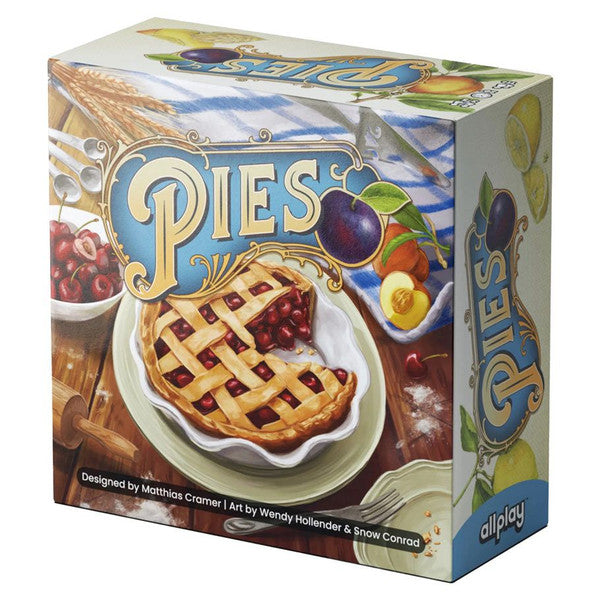 Pies - Box of Pies strategy game featuring colorful fruit and lattice crust pie illustration on white plate.