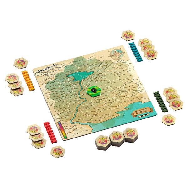 Switchbacks - Hexagonal board game with a map and colored player tokens in blue, green, red, and orange for strategic play.