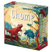 Chomp - Chomp board game box with colorful dinosaur artwork, featuring a red T-Rex and forest background.