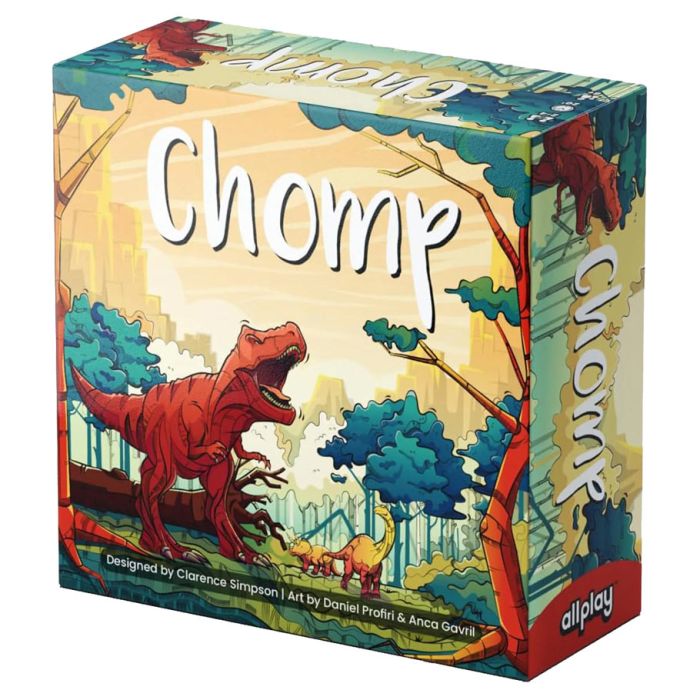 Chomp - Chomp board game box with colorful dinosaur artwork, featuring a red T-Rex and forest background.