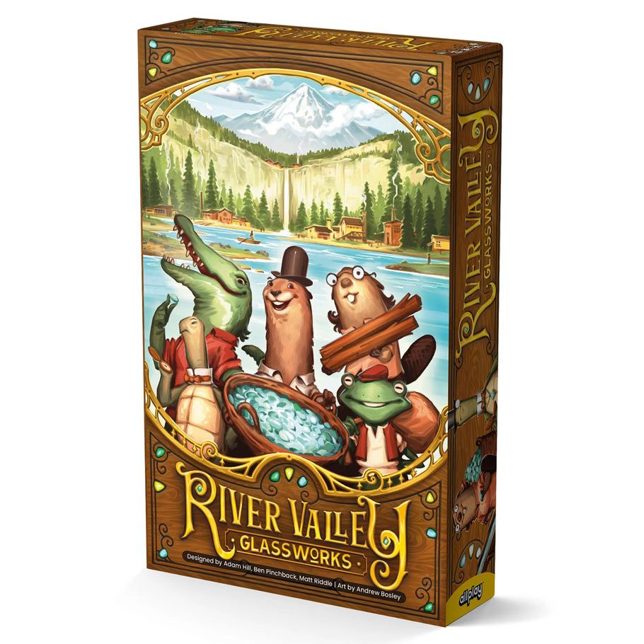 River Valley Glassworks - Colorful game box with cartoon animals crafting glass by a river in a mountainous forest setting.