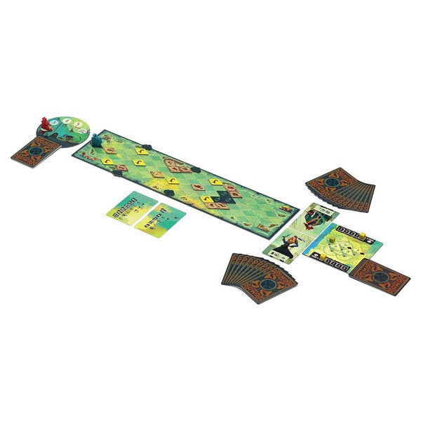 Sail - Rectangular green game board with sailing-themed illustrations, multiple player cards, and colorful game pieces arranged.