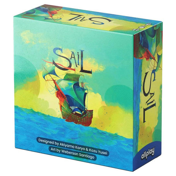 Sail - Colorful board game box featuring a vintage sailing ship on a blue and green ocean background titled Sail.