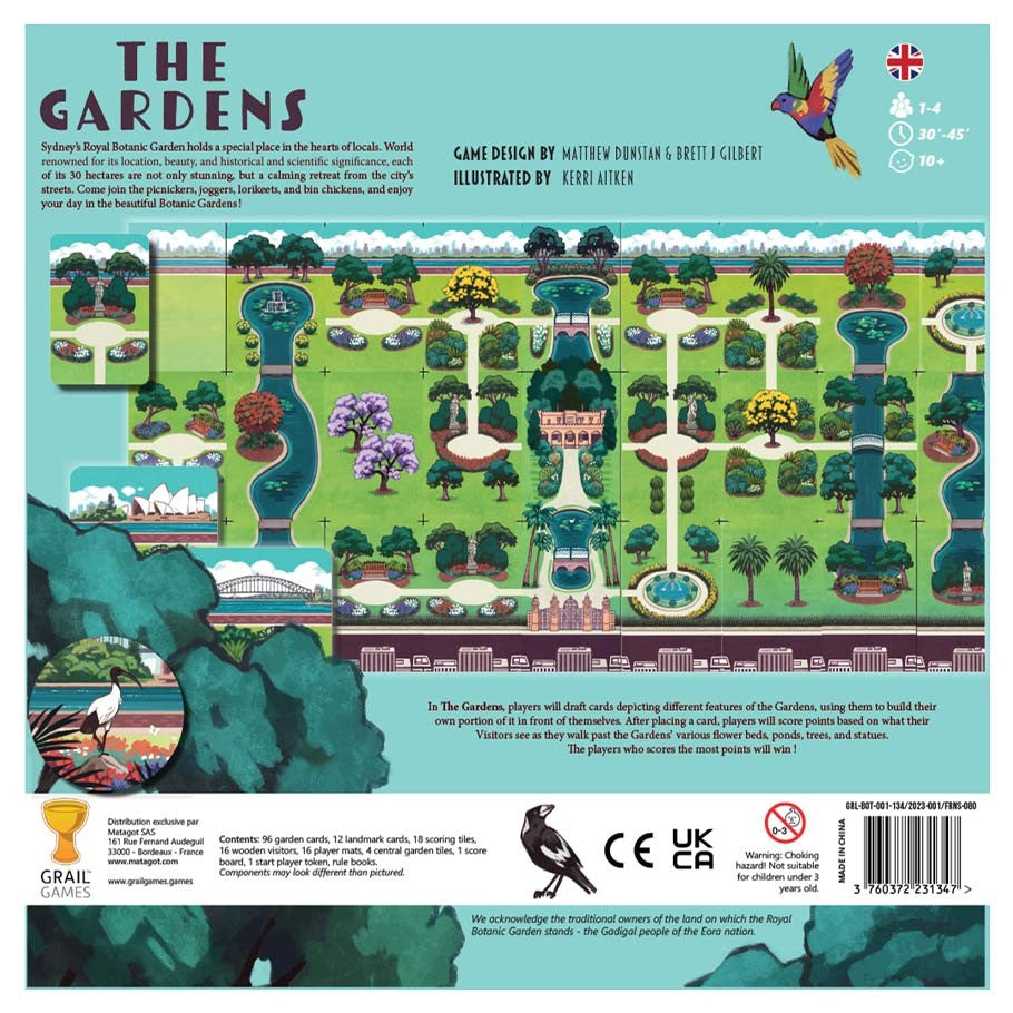 The Gardens - Colorful rectangular board game with garden-themed artwork, pathways, flowers, trees, and butterfly illustrations.