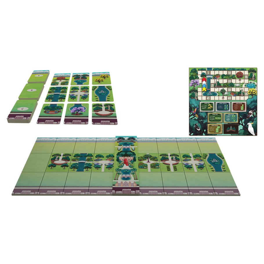 The Gardens - Card game set with colorful garden-themed cards and a rectangular game board featuring plant illustrations and pathways.