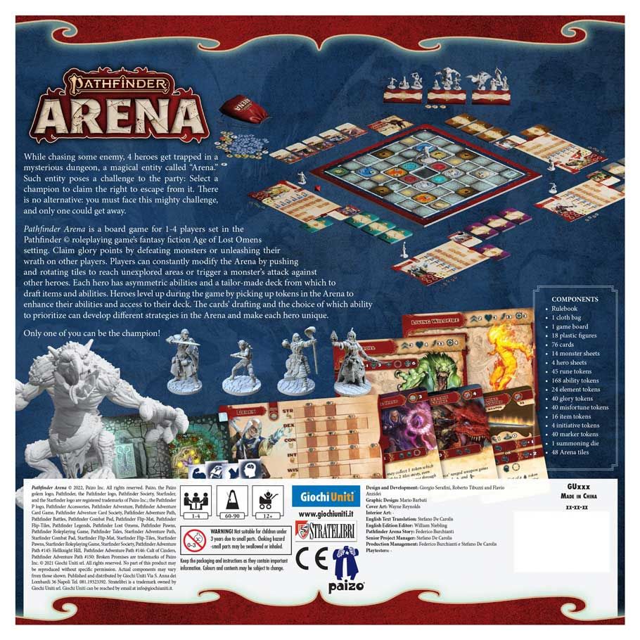 Pathfinder Arena: Core Set - Pathfinder Arena Core Set board game box with fantasy miniatures, colorful game cards, and detailed game board layout.
