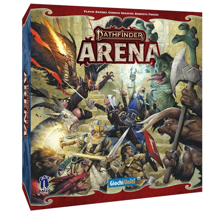 Pathfinder Arena: Core Set - Pathfinder Arena board game box featuring fantasy warriors battling dragons with swords and magic, dark red border.