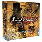 Penny Dreadfuls - Board game box with vintage Victorian London design featuring a shadowed figure in a top hat, sepia tones, keys, skull, and.