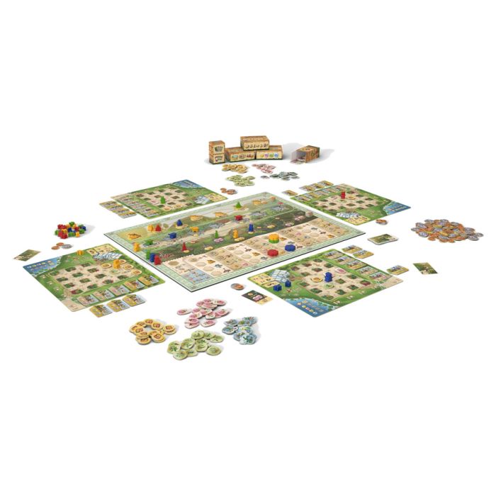 Botanicus - Board game setup featuring colorful hexagonal tiles, multiple player boards with botanical illustrations, wooden game.