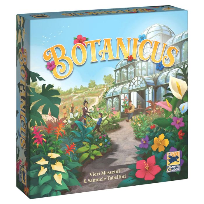 Botanicus - Colorful board game box titled "Botanicus" featuring a vibrant garden scene with greenhouses, flowers, and people gardening.