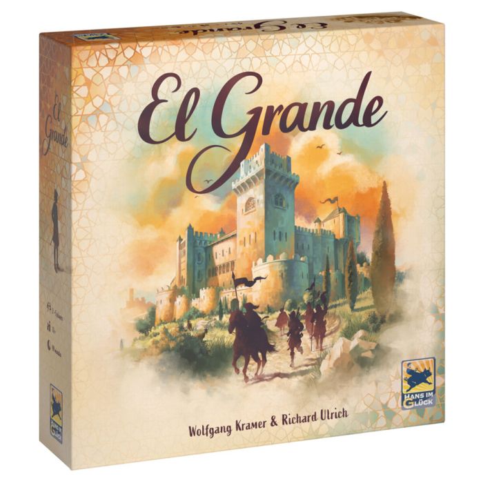 El Grande - Square board game box with a medieval castle illustration in soft beige and orange tones, titled El Grande in elegant script.