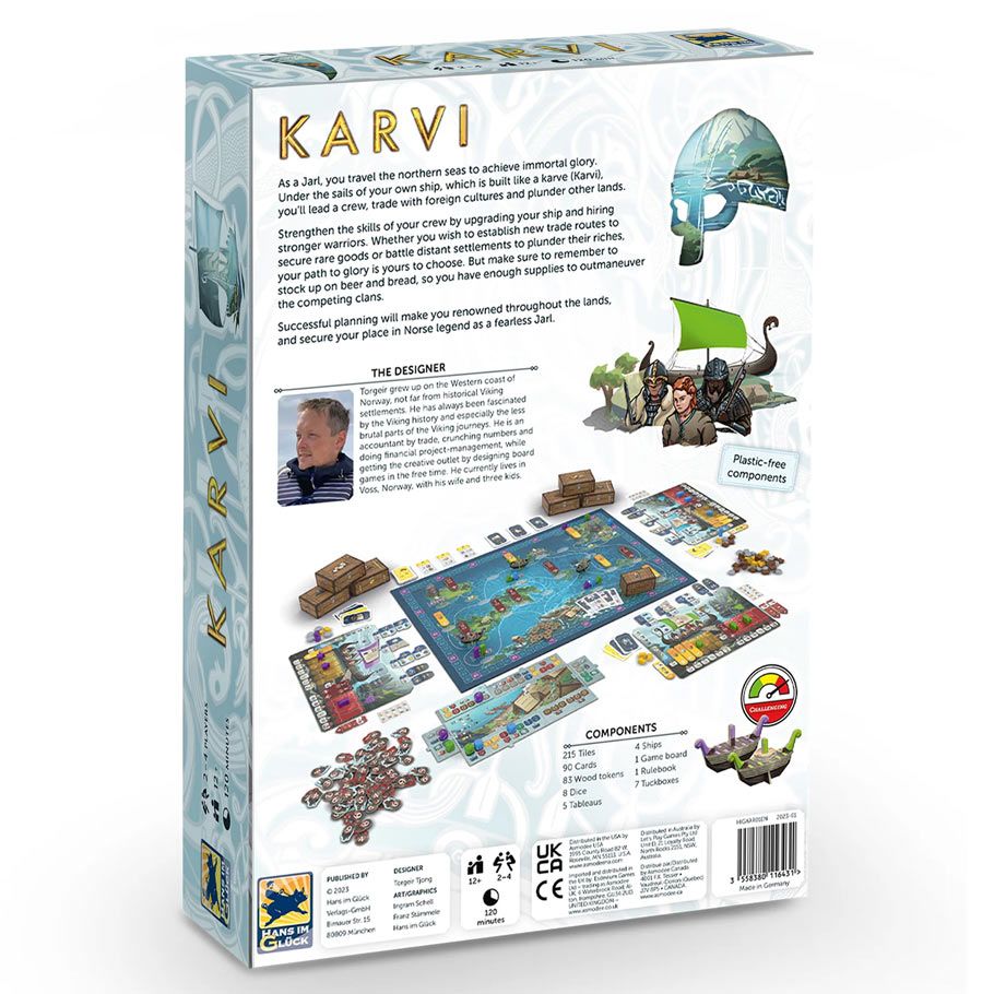 Karvi - Board game Karvi box back showing illustrated Viking helmet, game pieces, cards, and player boards on white background.