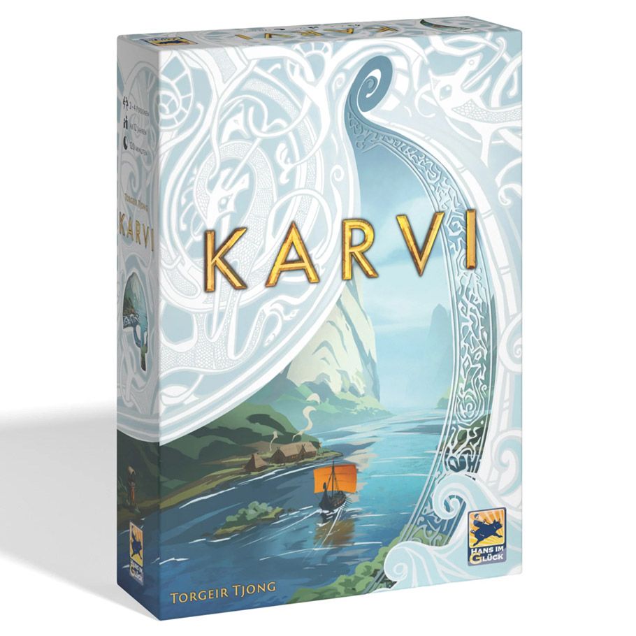 Karvi - Karvi board game box with intricate blue and white Viking ship illustration and gold lettering.