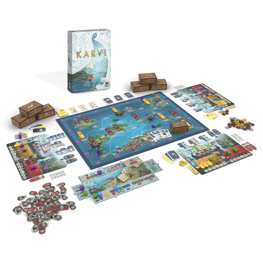 Karvi - Board game setup with a colorful map featuring various regions, wooden rectangular blocks, tokens, cards, and player boards.