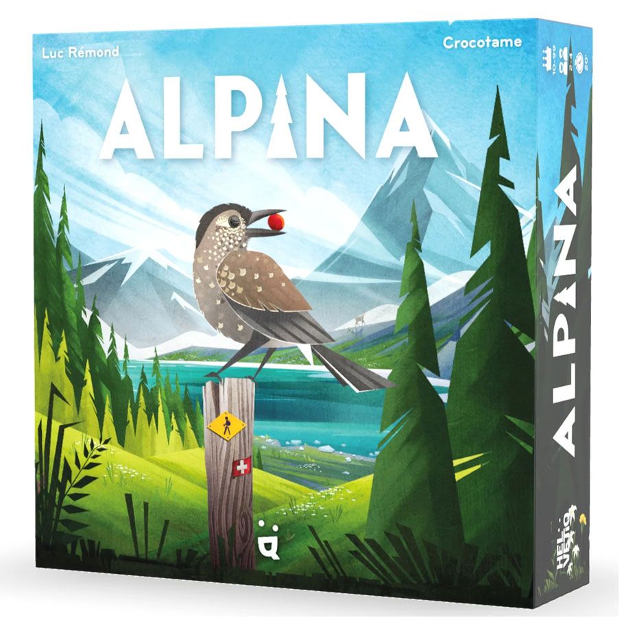 Alpina - Alpina card game box with a bird perched on a wooden post, surrounded by lush green pine trees and a mountain lake.