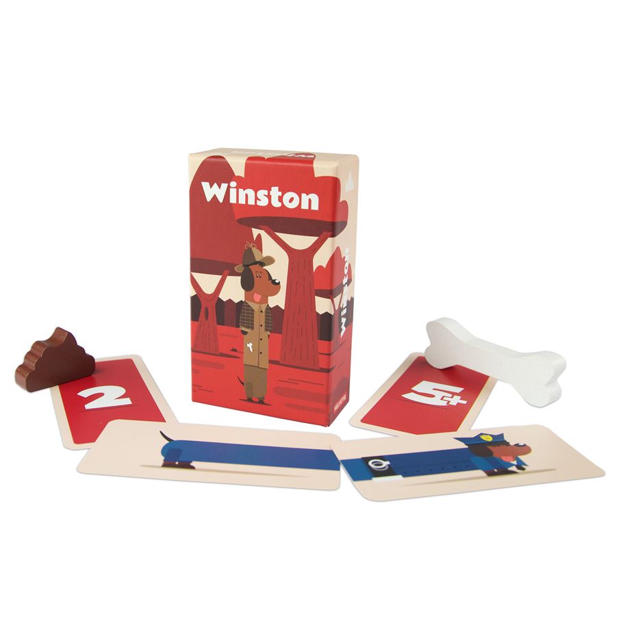 Winston - Winston family game featuring colorful cards with dog illustrations and wooden bone and poop-shaped tokens on a white.