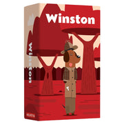 Winston - Tall rectangular game box with a red forest background and a cartoon dog detective wearing a brown plaid coat and hat,.