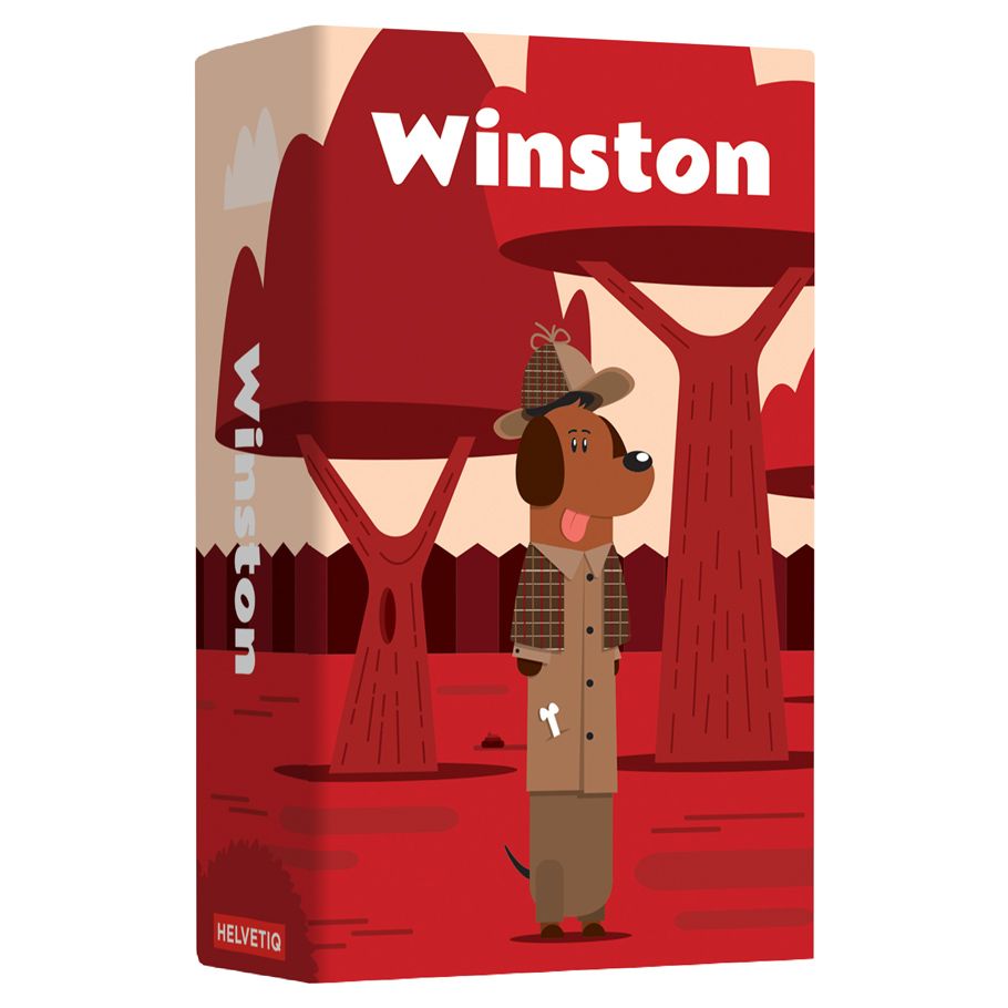 Winston - Tall rectangular game box with a red forest background and a cartoon dog detective wearing a brown plaid coat and hat,.