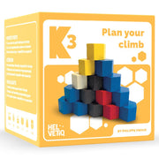 K3 - Bright yellow box featuring colorful wooden blocks stacked in a pyramid, labeled K3 strategy game.