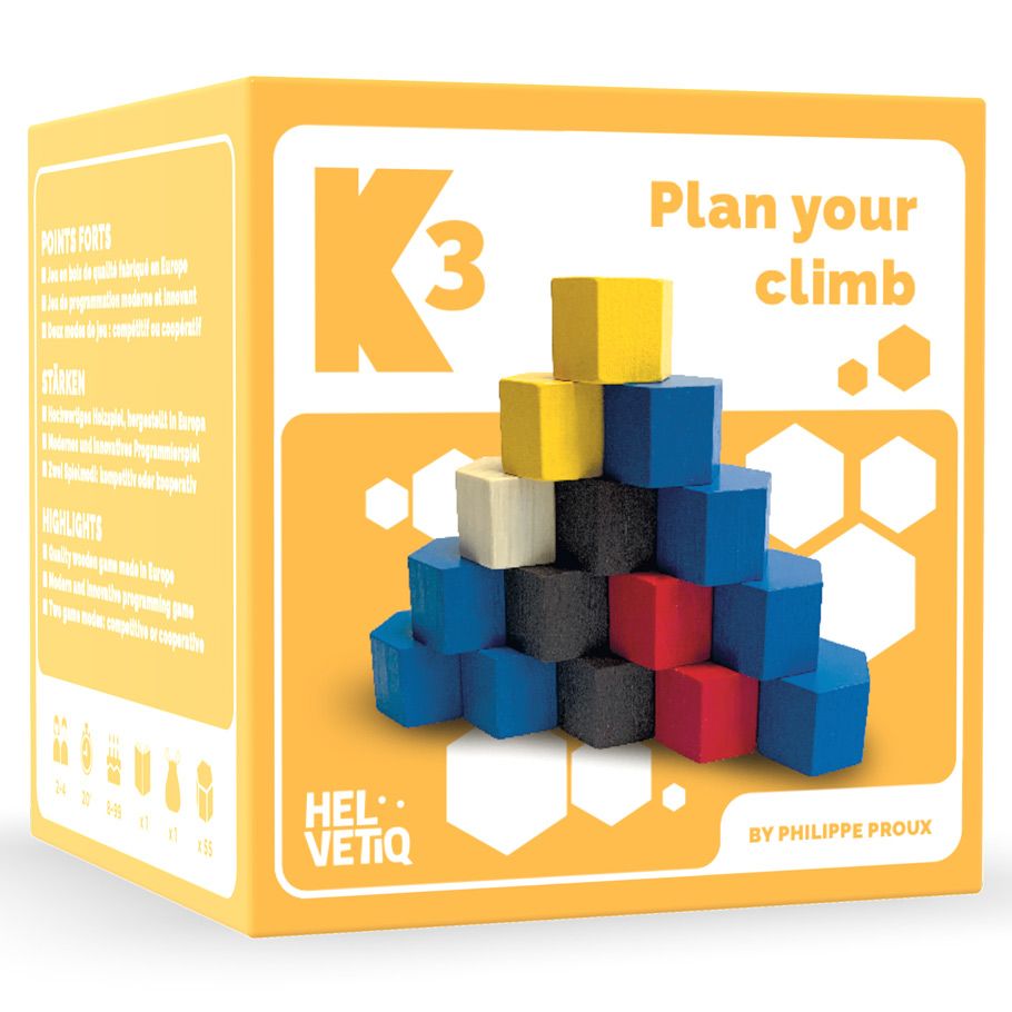 K3 - Bright yellow box featuring colorful wooden blocks stacked in a pyramid, labeled K3 strategy game.