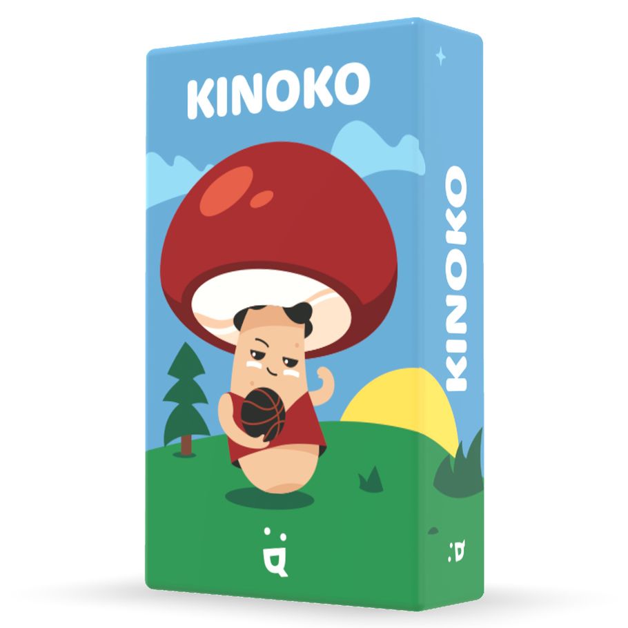 Kinoko - Colorful game box featuring a cartoon character with a large red mushroom cap standing on green grass under a blue sky.