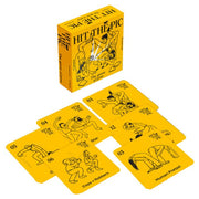 Hit the Pic - Bright yellow party game cards with black playful illustrations of people in various poses and activities, labeled with.