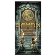 Sfynx - Vertical board game box cover with ancient stone temple doors, golden Sfynx title, and two explorers holding torches.