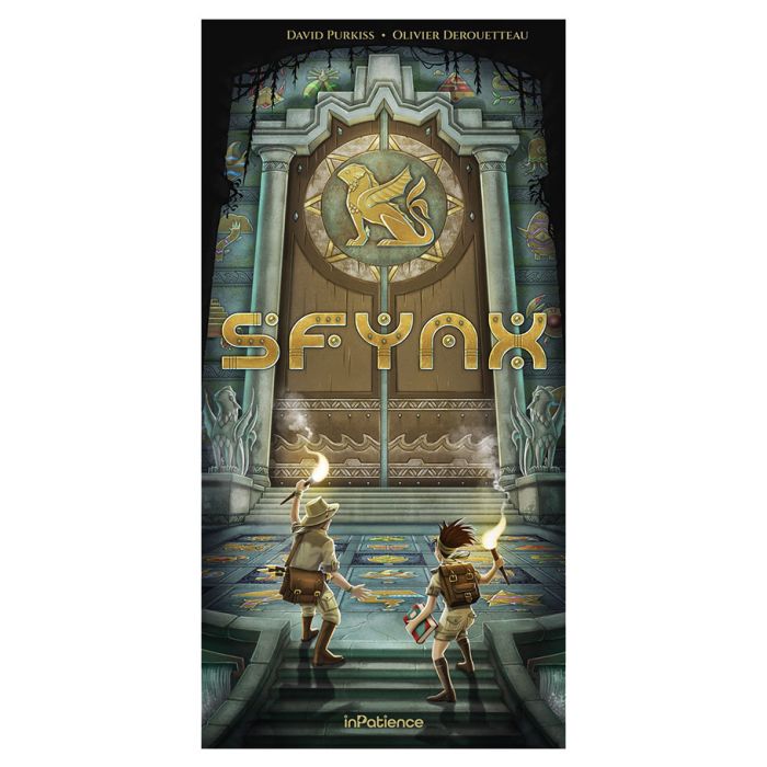 Sfynx - Vertical board game box cover with ancient stone temple doors, golden Sfynx title, and two explorers holding torches.