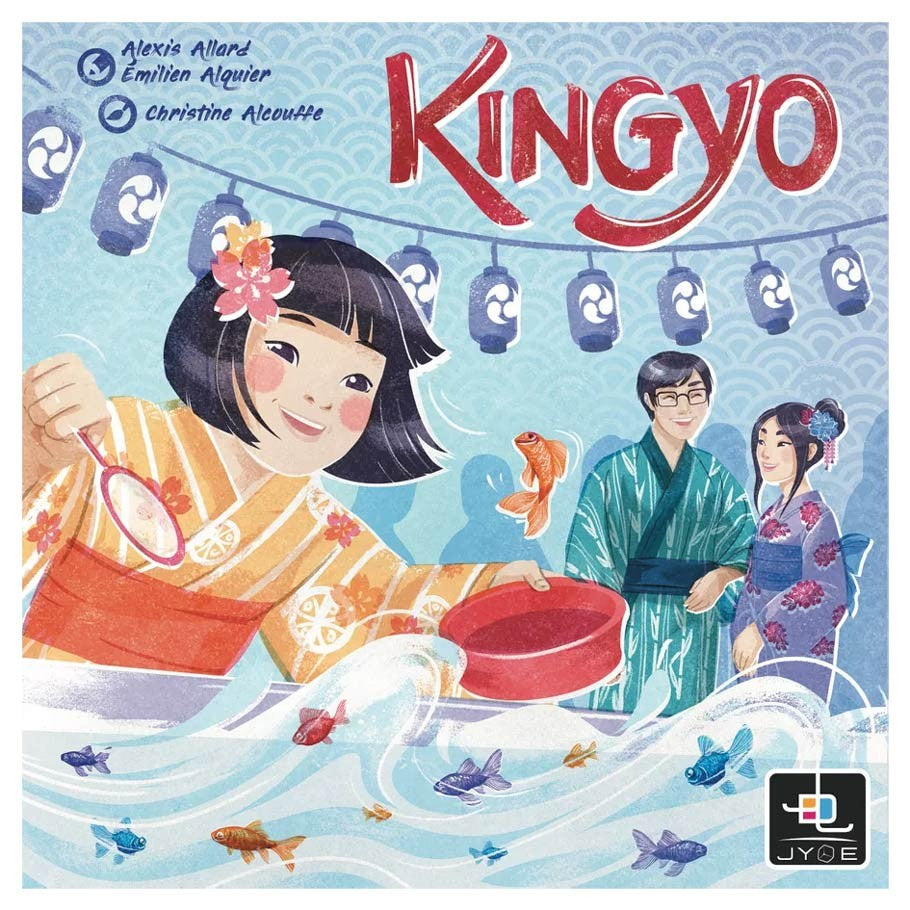 Kingyo - Colorful board game box featuring a Japanese girl in a kimono scooping goldfish with two people in yukatas in the background.