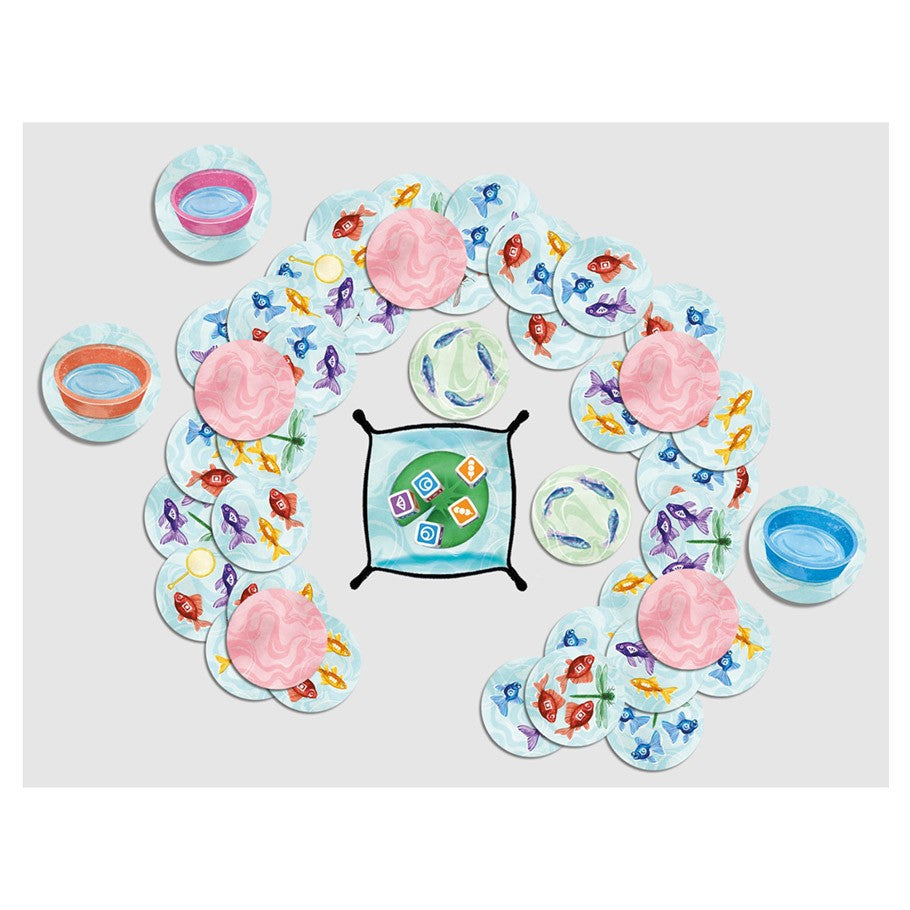 Kingyo - Colorful round game pieces with fish illustrations, pink nets, and small colored bowls arranged in a circle.