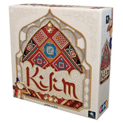 Kilim - Square game box with ornate, colorful Kilim rug pattern featuring reds, blues, and golds on the front panel.
