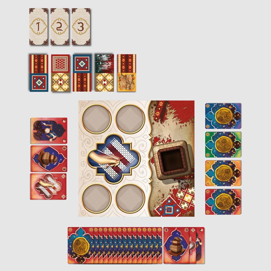 Kilim - Card game set with colorful patterned tiles, numbered cards, and a board with circular slots and a central decorative design.