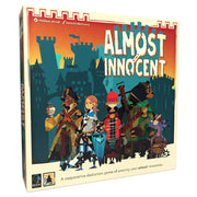 Almost Innocent - Square board game box with colorful medieval characters including knights and a wizard, set against a castle silhouette at.